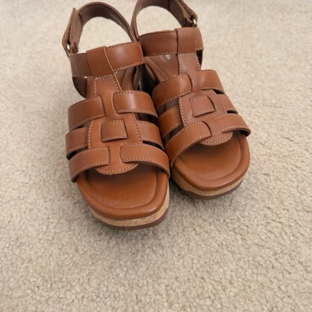 Clarks Collection Women x Jane Leather Tan Brown Strappy Wedge Sandals 9.5 M